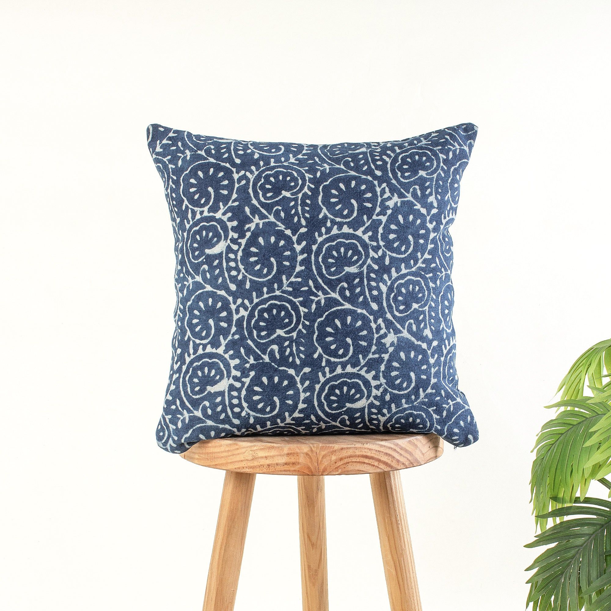 Hand Block Print Cotton Indigo Canvas Cushion Cover